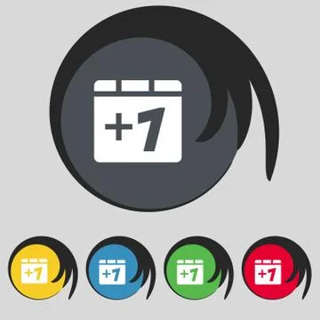 Plus one, Add one icon sign. Symbol on five colored buttons. Illustration