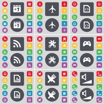 Plus one, Airplane, File, RSS, Wrench, Gamepad, Diagram file, Fo icon symbol. A Stock-Illustration