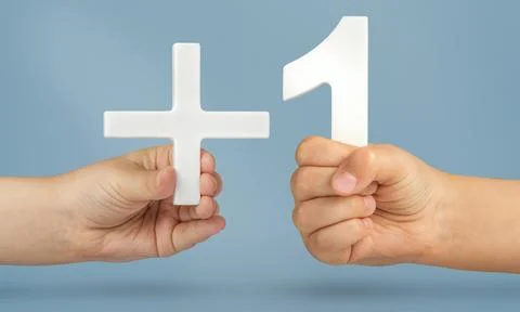 Plus one, plus size, add one concept. White number 1 with a plus in hand on a Stock Photos