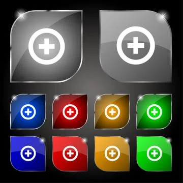 Plus, Positive icon sign. Set of ten colorful buttons with glare. Vector Stock Illustration