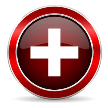 Plus red circle glossy web icon, round button with metallic border Illustrazione stock