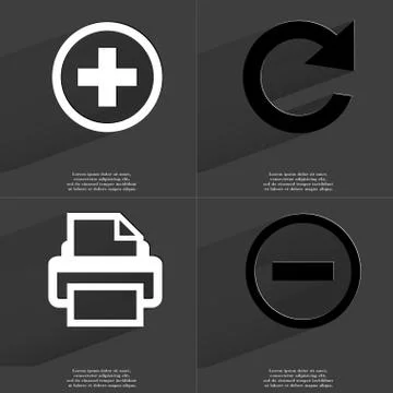 Plus, Reload, Printer, Minus icon sign. Set of Symbols with Flat design and L Stock Illustration