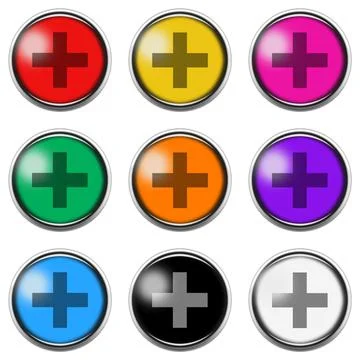 Plus sign button icon set isolated on white with clipping path 3d illustration Stock Illustration