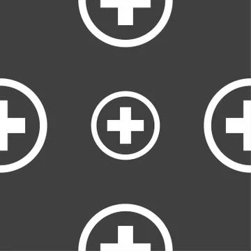 Plus sign icon. Positive symbol. Zoom in. Seamless pattern on a gray background. Stock Illustration