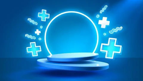 Plus sign icon, scene mega sale, shopping podium banner, neon night pedestal Stock Illustration