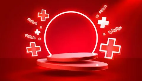 Plus sign icon, scene mega sale, shopping podium banner, neon night pedestal Stock Illustration