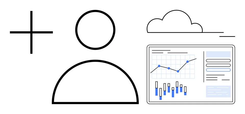 Plus sign, user icon, cloud graphic, and data analytics chart with line and b Stock Illustration