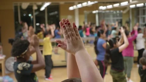 Plus Size Chubby Woman Claps Hand in Zumba Dance Aerobics Class, clapping hands Stock Footage 136908682