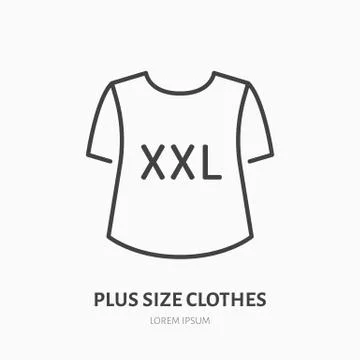 Plus size clothes store flat line icon. Women XXL apparel, large t-shirt sign Illustrazione stock