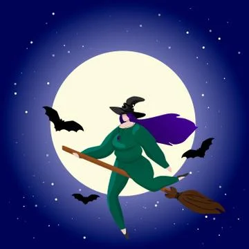 Plus size faceless witch on the broom in front of the big Moon and bats. Stock Illustration