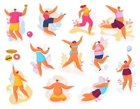 Plus size happy dancing people vector illustration set, fat man woman in dance Stock Illustration