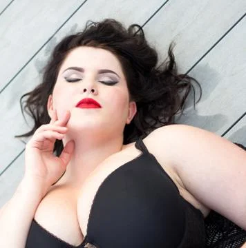 Plus size model  black bra xxl woman Young beautiful busty curvy Stock Photos
