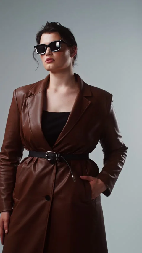 Plus size model in coat and sunglasses posing. Stock Footage 323974532