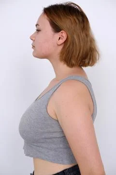 Plus size model samples , portrait of the girl in grey t-shirt model snap lef Stock Photos