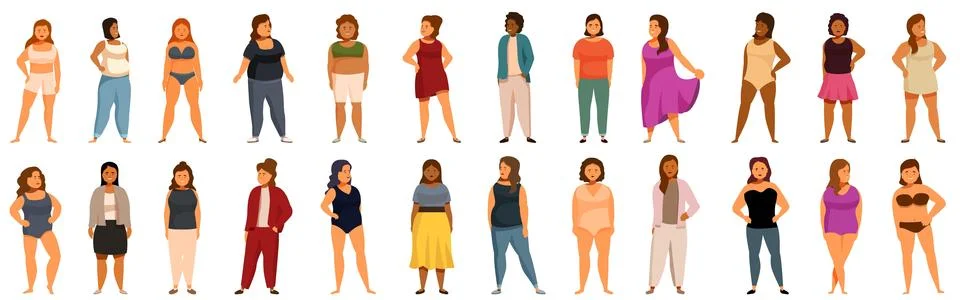 Plus size models icons set. Plus size women posing and showing body positivit Stock Illustration