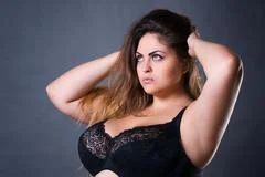 Plus Size Model in Black Bra, Fat Woman with Big Natural Breast on
