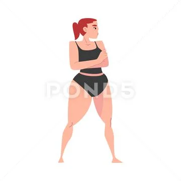 Plus Size Woman in Black Underwear, Triangle Female Figure Type Cartoon Style Stock Illustration