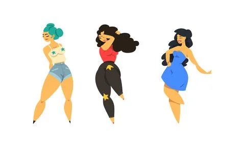 Plus Size Woman Model Posing and Smiling Vector Set Stock Illustration