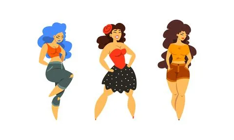 Plus Size Woman Model Posing and Smiling Vector Set Stock Illustration