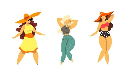 Plus Size Woman Model Posing and Smiling Vector Set Stock Illustration