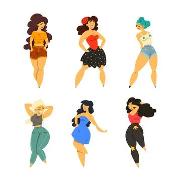 Plus Size Woman Model Posing and Smiling Vector Set Stock Illustration