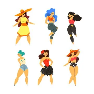 Plus Size Woman Model Posing and Smiling Vector Set Stock Illustration