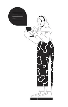 Plus sized caucasian woman using mobile phone black and white 2D line charact Stock Illustration