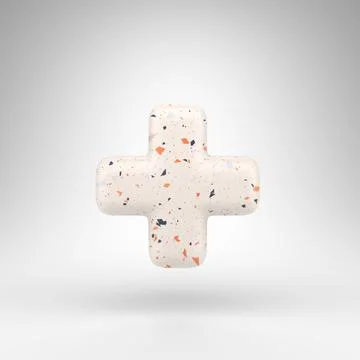 Plus symbol on white background. 3D sign with terrazzo pattern texture. Stockillustratie