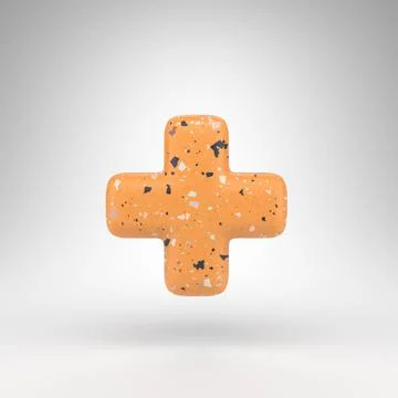 Plus symbol on white background. 3D sign with orange terrazzo pattern texture Stock Illustration
