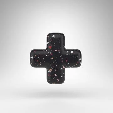 Plus symbol on white background. 3D sign with black terrazzo pattern texture. Illustrazione stock