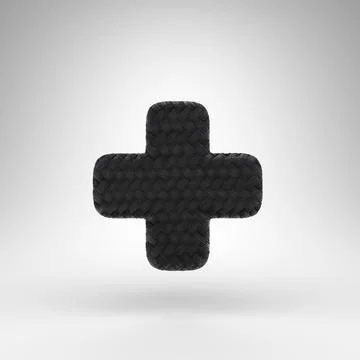 Plus symbol on white background. Black carbon fiber 3D sign with carbon threa Illustrazione stock