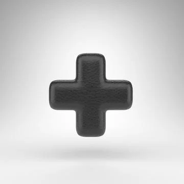 Plus symbol on white background. Black leather 3D sign with skin texture. Illustrazione stock