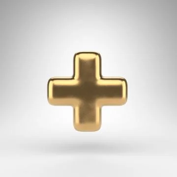 Plus symbol on white background. Golden 3D sign with gloss metal texture. Stock Illustration