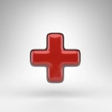 Plus symbol on white background. Red car paint 3D sign with glossy metallic s Stock Illustration