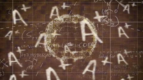 Plus symbols drifting on grid starting brain forming with equations emerging Stock Footage 315559277
