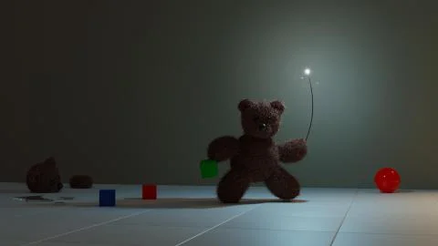 Plush Bear Toy Playing in the Dark Room. 3D render. Stock Illustration