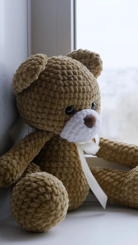 Plush Crocheted Teddy Bear Sitting on a Windowsill Stock Footage 324786763