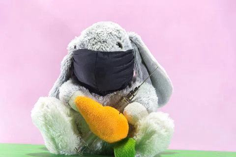 Plush Easter rabbit using mask and syringe to fight the covid-19 写真素材