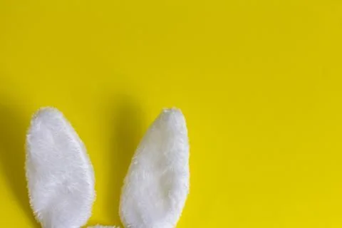 Plush rabbit ears on a yellow background. Easter concept with a place to copy Stock Photos