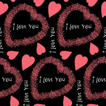 Plush red heart on black background seamless pattern for romantic decoration  Stock Illustration