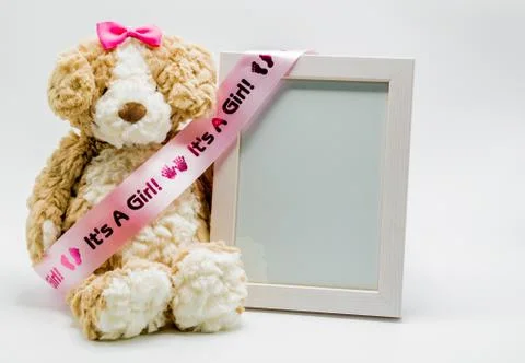 Plush teddy bear and empty picture frame with pink "It's A Girl" ribbon Stock Photos