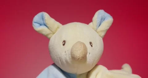 Plush Toy Poses in front of the Camera Lens on a Colorful Background. Stock Footage 148243465