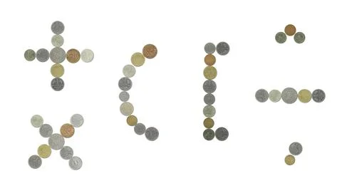 Plus,minus,multiply,brackets and comma sign with old coins Stock Photos