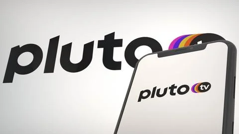 Pluto TV app logo in mobile display screen and background editorial Stock Photos