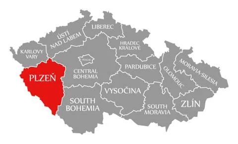 Plzen red highlighted in map of Czech Republic Stock Illustration