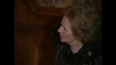 PM Margaret Thatcher interact with Pres. Regan inter at Schloss Gymnich - 1985 Stock Footage