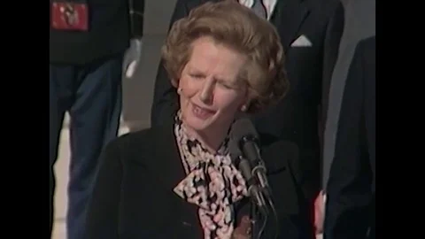 PM of UK Margaret Thatcher addresses the media about American economy - 1985 Stock Footage