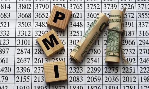 PMI - acronym on cubes on paper background with numbers and banknotes Stock Photos