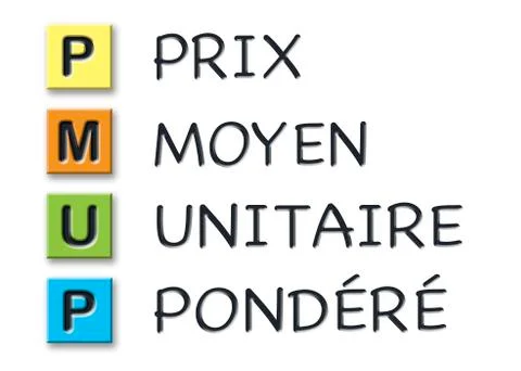PMUP initials in colored 3d cubes with meaning in french language Stock Illustration