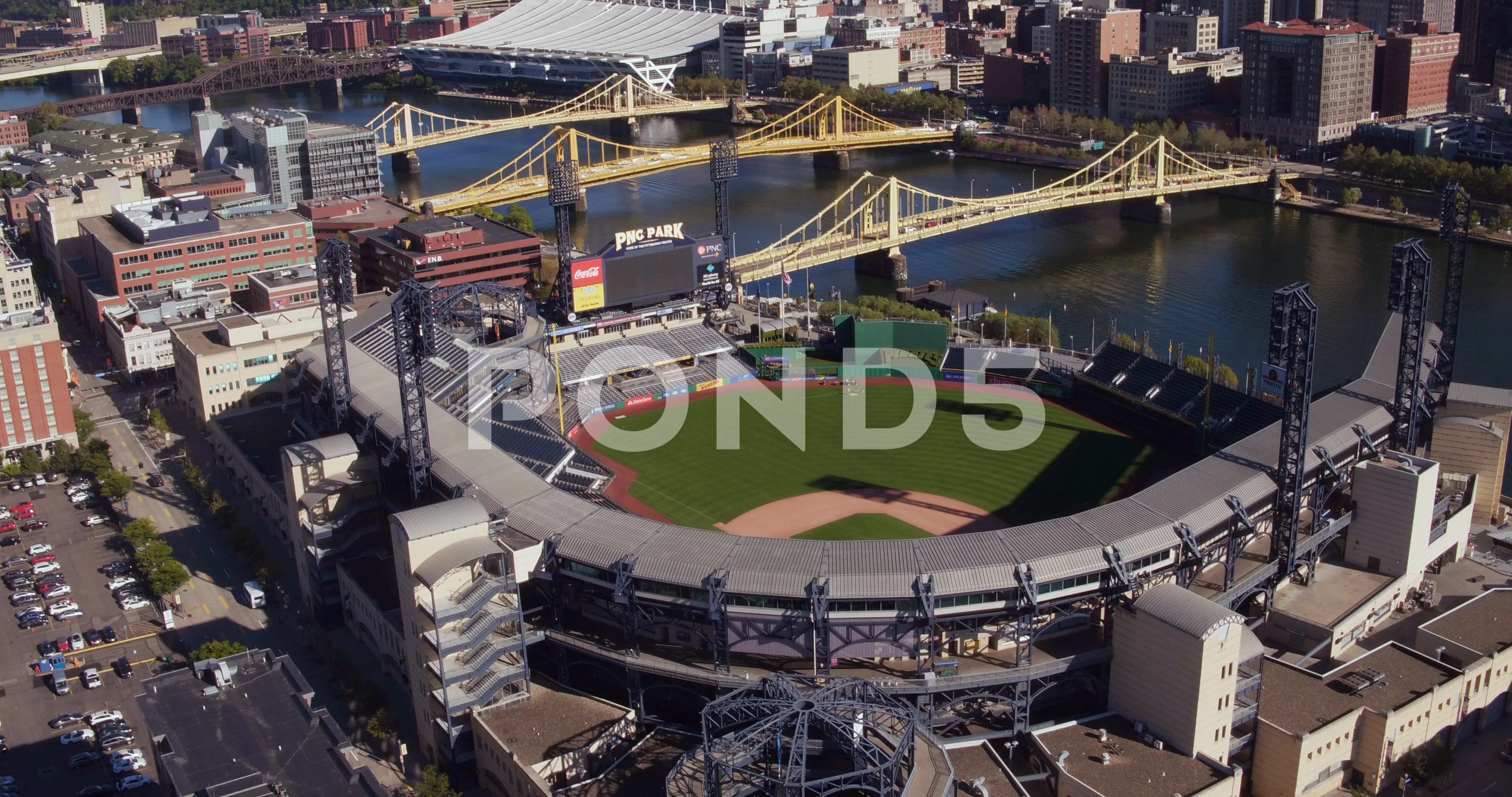 Aerial view of Pittsburgh, Pennsylvania, with a focus on the Allegheny  River and the Pittsburgh Pirates' major-league baseball stadium, PNC Park
